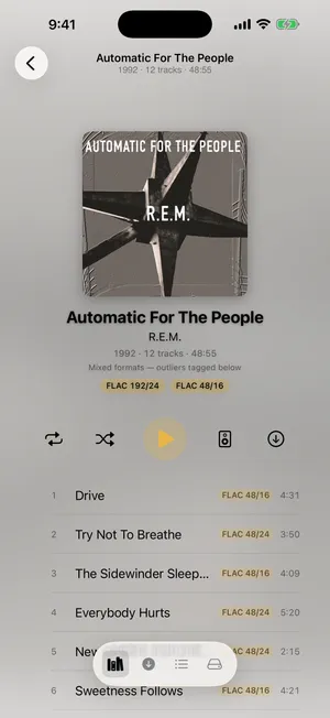 An album in 1-bit showing per-track FLAC format badges and the track list