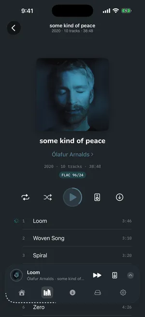 An album in 1-bit — Ólafur Arnalds, some kind of peace — showing a FLAC 96/24 format badge above the track list