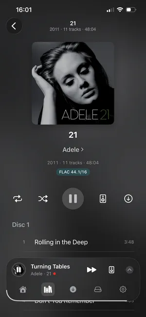 An album in 1-bit showing a FLAC 44.1/16 format badge above the track list