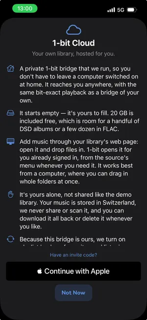 The 1-bit Cloud intro sheet — a private bridge we run, 20 GB free, uploading from a computer, stored in Switzerland and never shared or scanned, with a Continue with Apple button