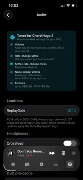 1-bit's Audio settings showing a “Tuned for Chord Hugo 2” card with the recommended volume, resync and noise-shaper settings