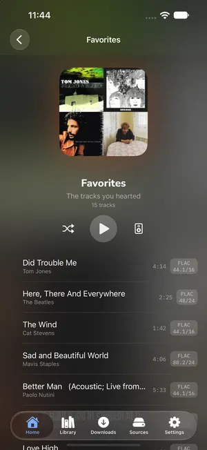 The Favorites section of the 1-bit library, listing hearted tracks with their format badges under a collage cover