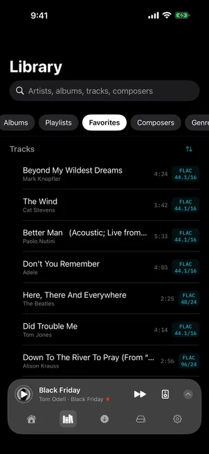 The Favorites section of the 1-bit library, listing hearted tracks with their format badges