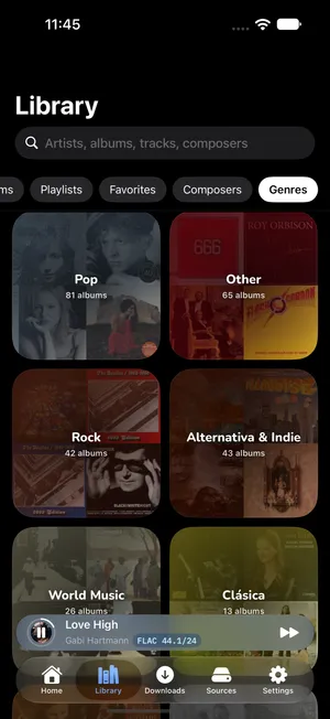 The Genres section of the 1-bit library — poster tiles for Pop, Rock, Alternativa & Indie, World Music and Clásica, each with an album count