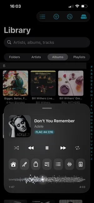 1-bit library — a grid of album artwork with the expanded player deck docked at the bottom