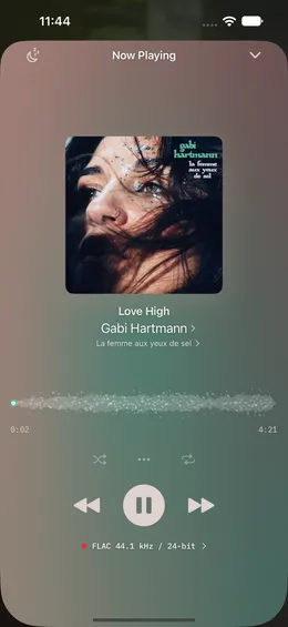 1-bit's Now Playing screen on iPhone with album art, a waveform, and a sample-rate badge