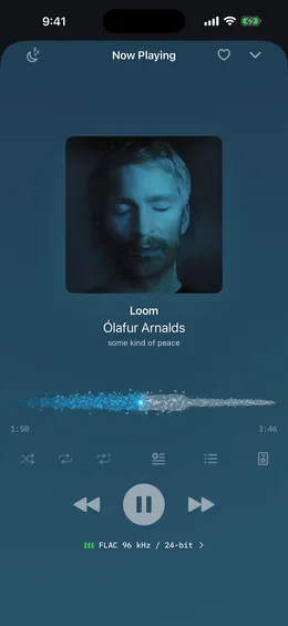 1-bit's Now Playing screen on iPhone with album art, a waveform, and a sample-rate badge