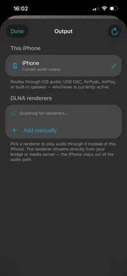 1-bit's Output screen showing 'This iPhone' routing to a USB DAC, plus a DLNA renderers section