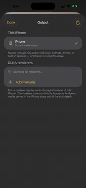 1-bit's Output screen listing the connected USB DAC and DLNA renderers
