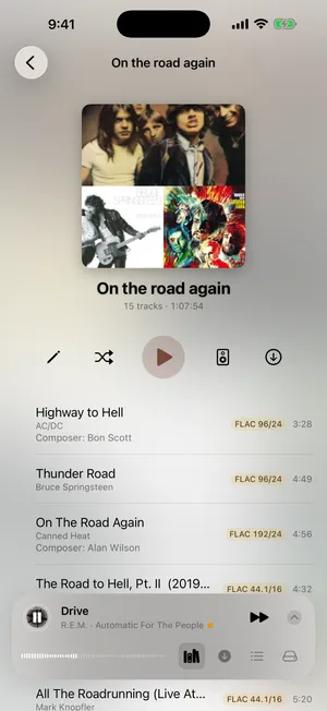 A playlist in 1-bit with collage artwork and a long track list