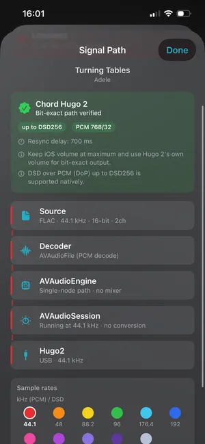 1-bit's Signal Path inspector confirming a bit-exact path to a Chord Hugo 2, with source, decoder, AVAudioEngine, and AVAudioSession each reporting no conversion