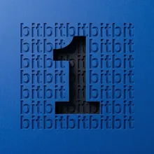 1-bit app icon — the numeral 1 cut out of a royal-blue field of repeating “bit” lettering