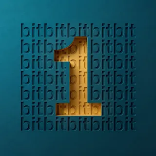 1-bit app icon — a gold numeral 1 cut out of a deep-teal field of repeating “bit” lettering