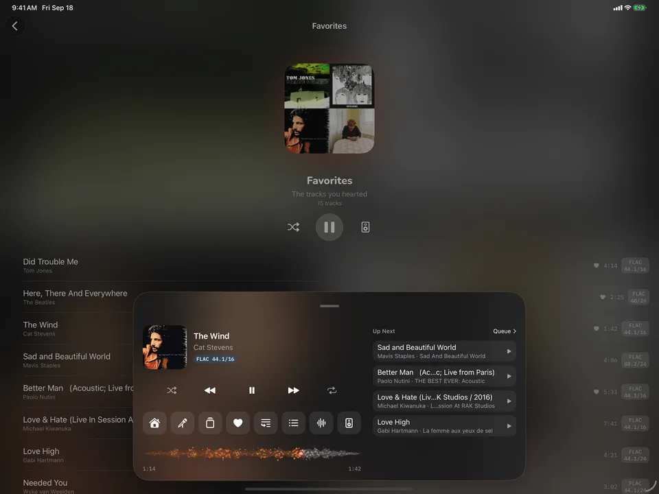 1-bit on iPad — the Favorites list with the floating player expanded into a deck: artwork, transport, a row of action chips, the waveform scrubber, and an Up Next column