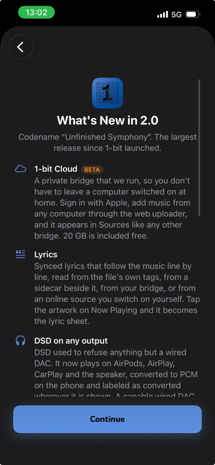 The What's New in 2.0 sheet inside the app: the new icon, "Codename Unfinished Symphony. The largest release since 1-bit launched", and the first three entries — 1-bit Cloud (beta), Lyrics, DSD on any output